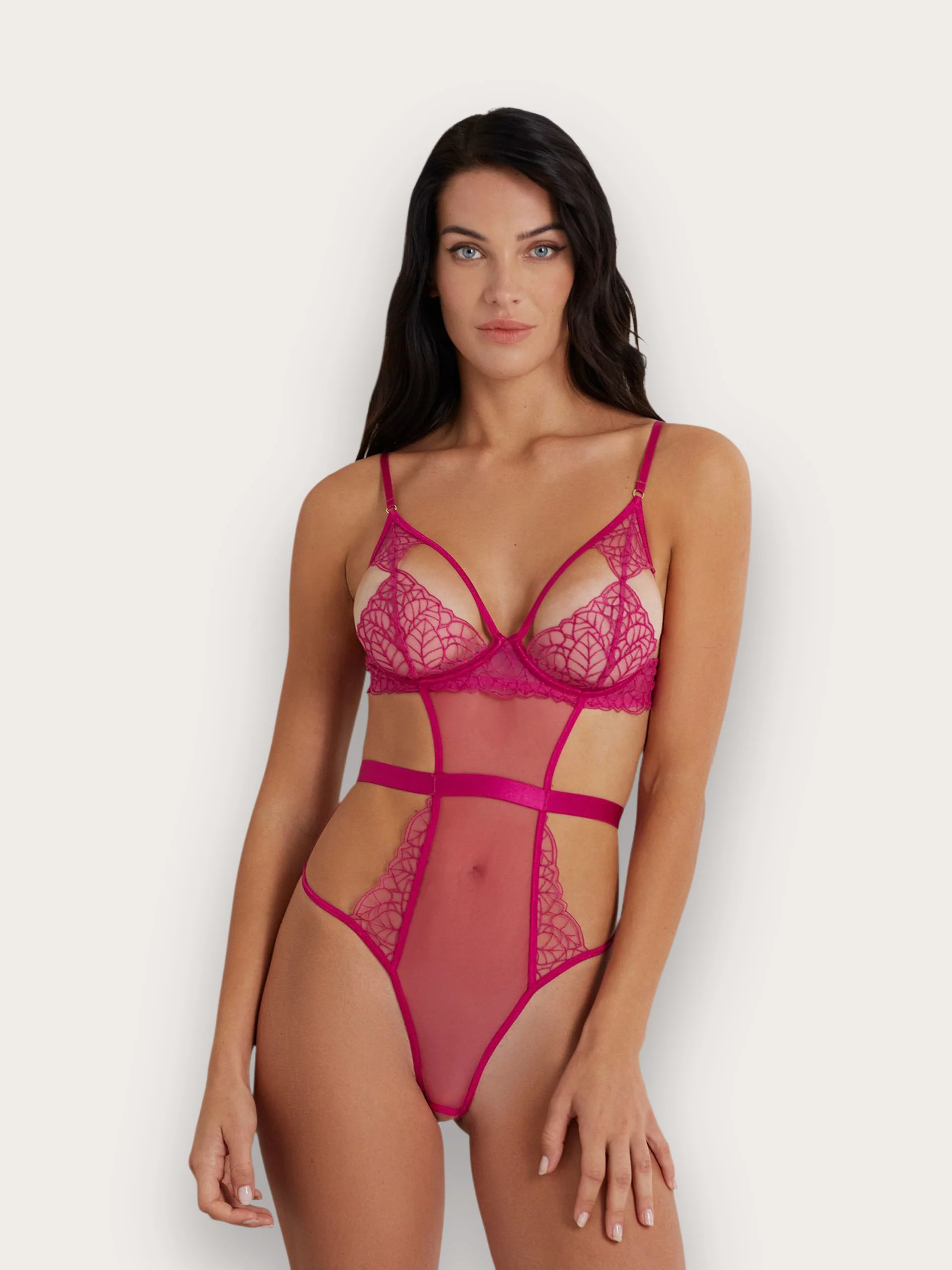 Body aperto con coppe e con ferretto senza imbottitura in pizzo e tulle Privè - Foliage - Image 6