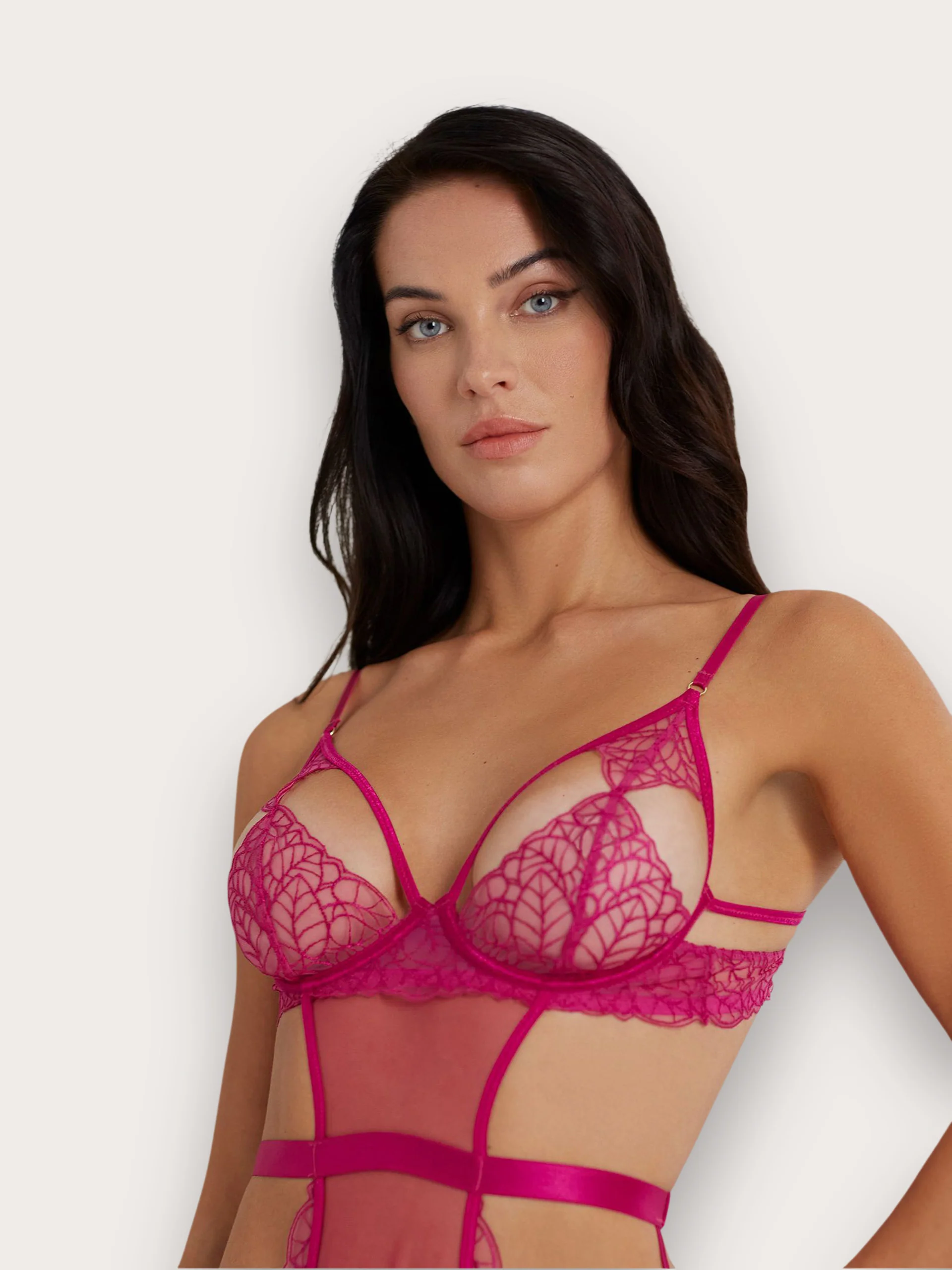 Body aperto con coppe e con ferretto senza imbottitura in pizzo e tulle Privè - Foliage - Image 7