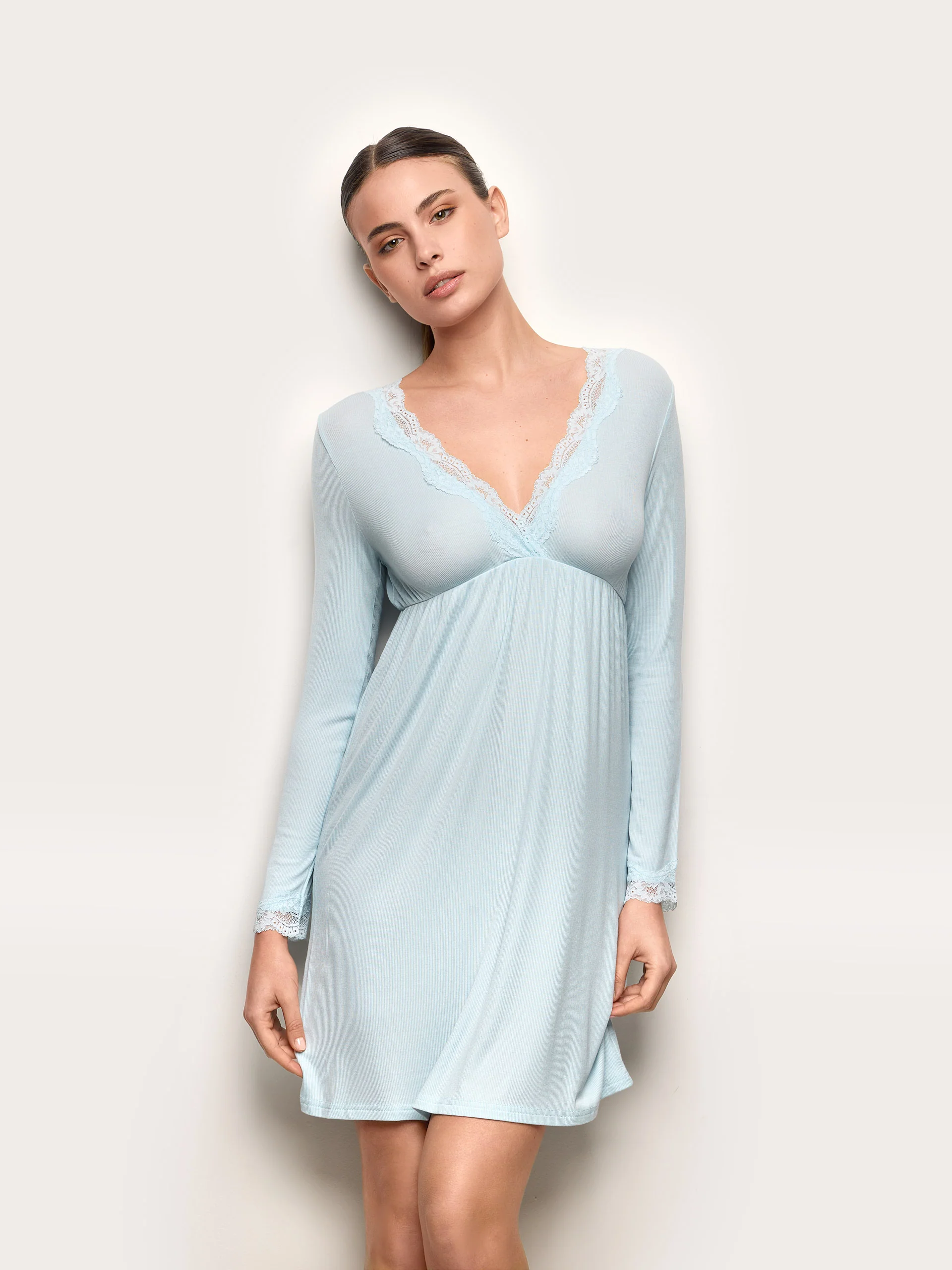 Camicia da notte manica lunga con TENCEL™ Modal Rib