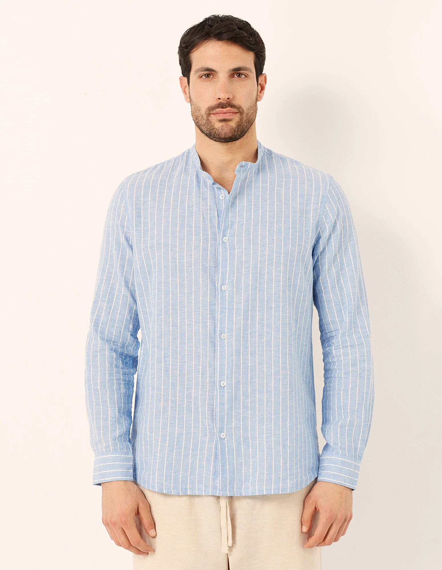 Camicia da uomo con colletto alla coreana Cotton Linen - Image 12