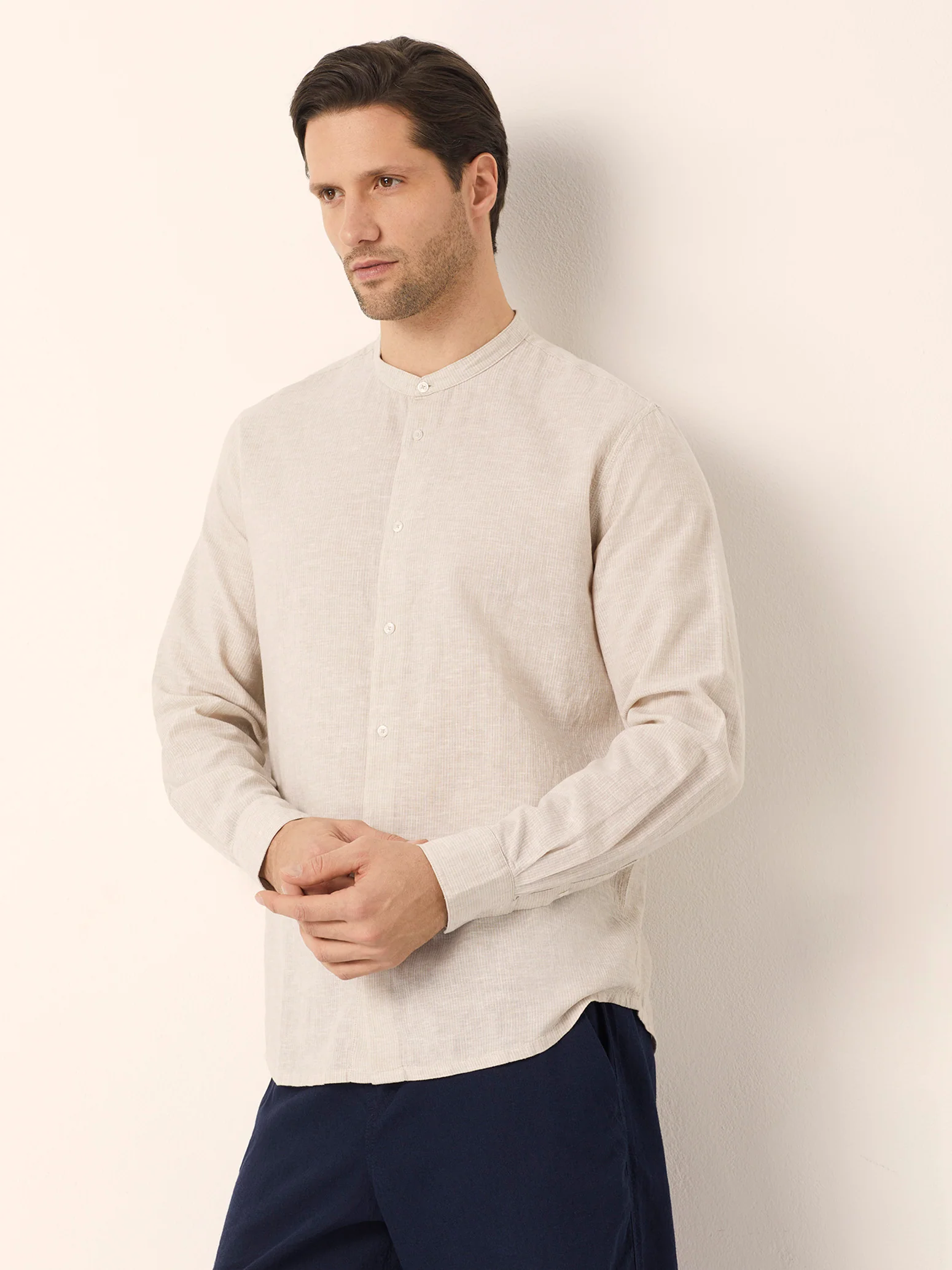 Camicia da uomo con colletto alla coreana Cotton Linen - Image 6