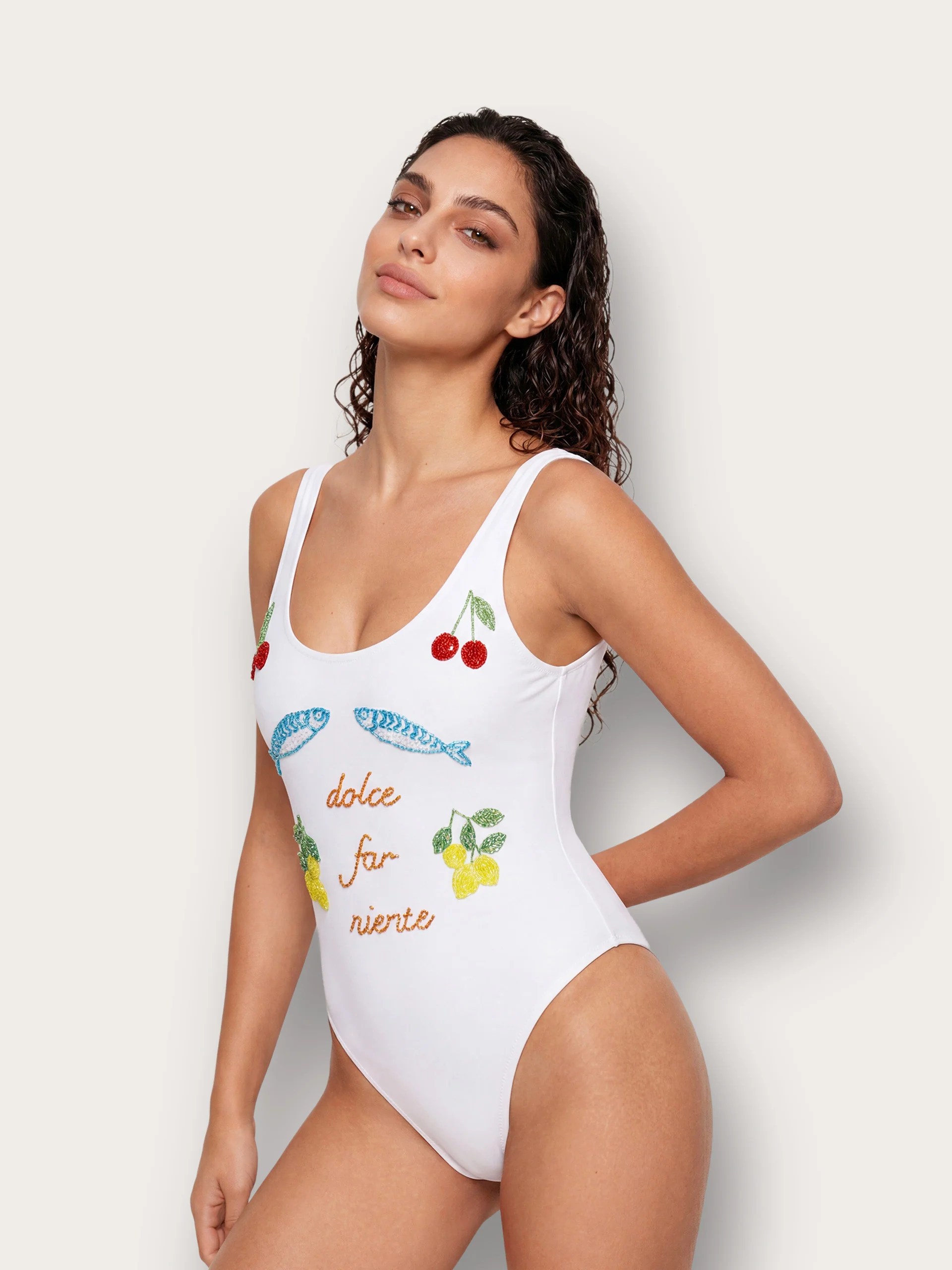 Costume intero senza ferretto con ricamo - Baby Blu